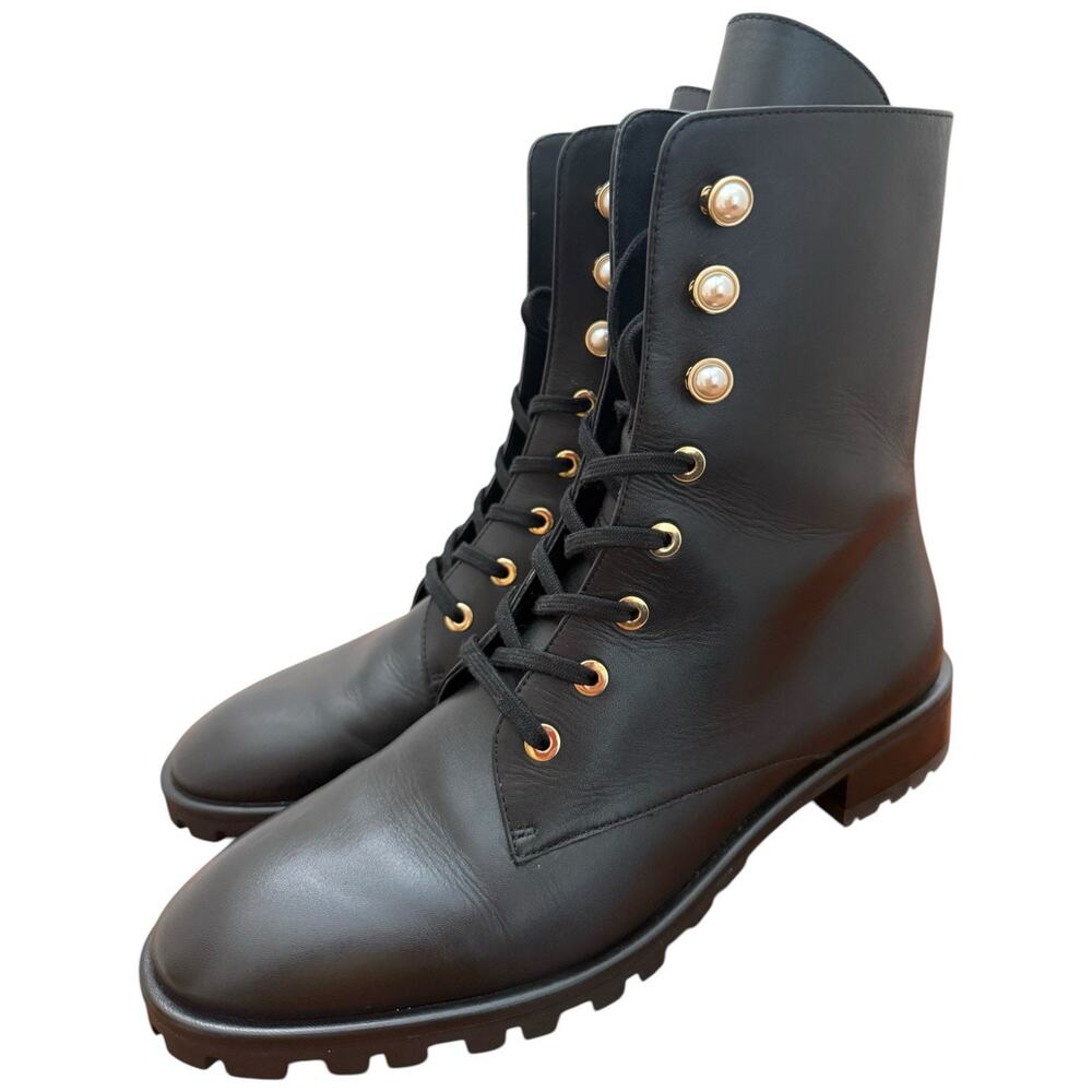 Stuart Weitzman Laine Pearl Leather Combat Boot In Black Size 8 - Picture 6 of 13